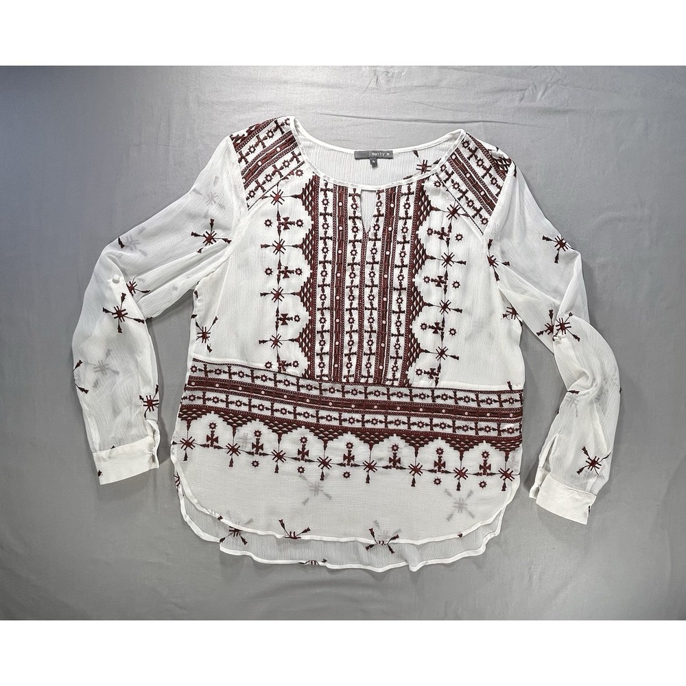 Matty M Southwestern Aztec Embroidered Roll Tab Sheer Shirt Women's Size Medium
